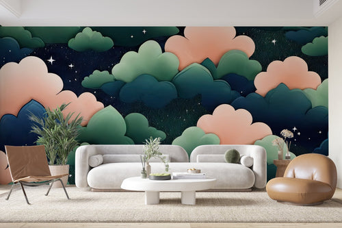 Papier Peint Japonais - Nuages Roses et Verts