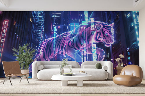 Papier Peint Gaming - Tigre Néon Cyberpunk