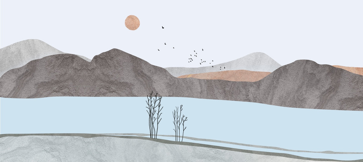 Tapet med illustration - Minimalistiske bjerge og sø