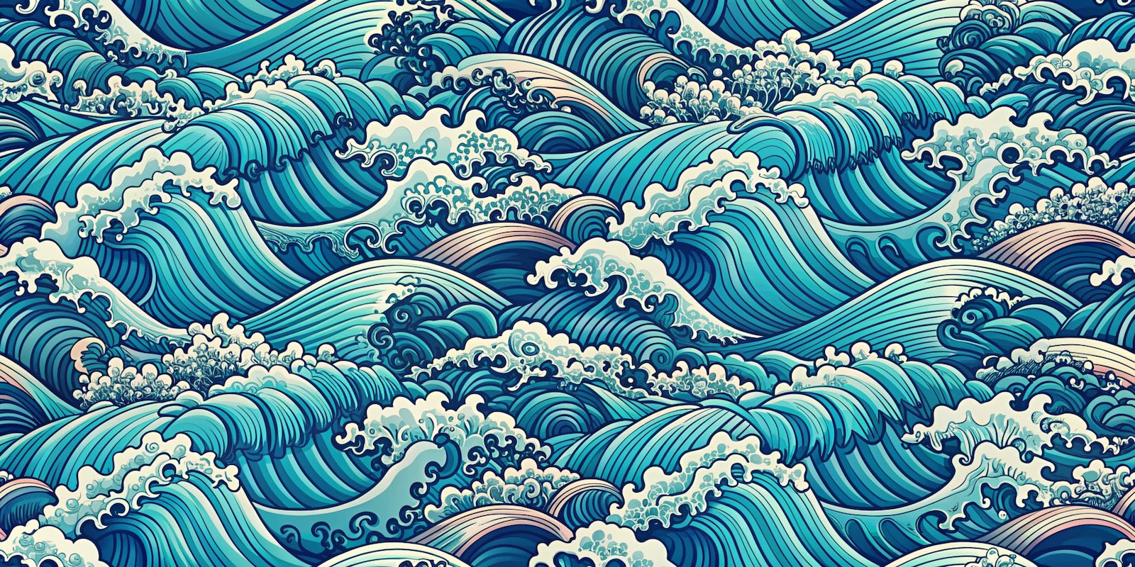 Papier Peint Japonais - Vagues Turquoise en Motif