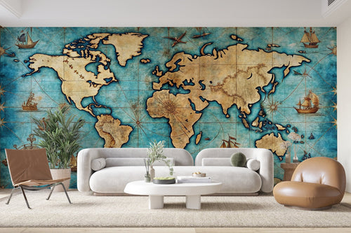 Papier Peint Carte du Monde - Dorée sur Fond Turquoise