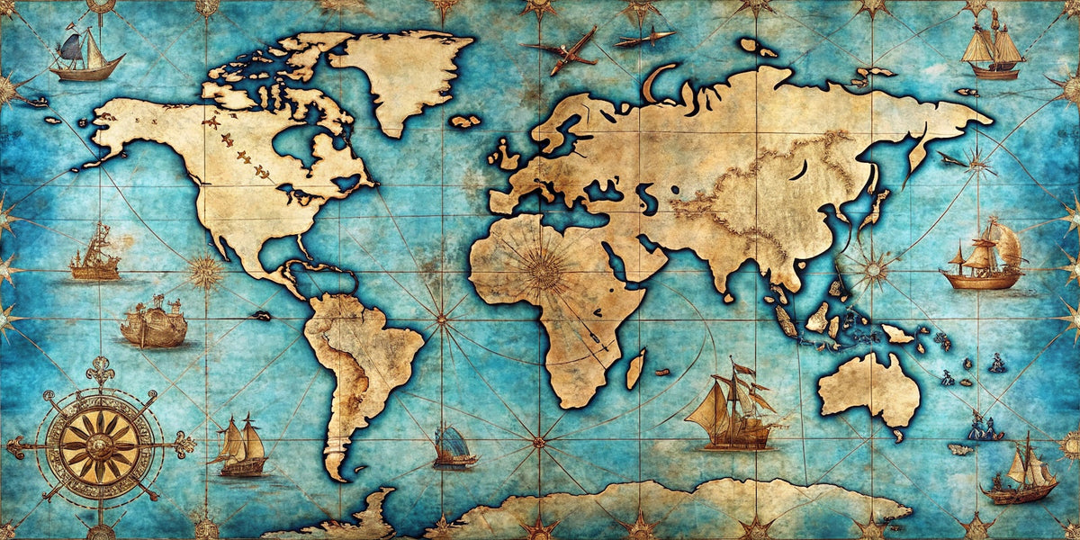 World Map Wallpaper - Gold on Turquoise Background