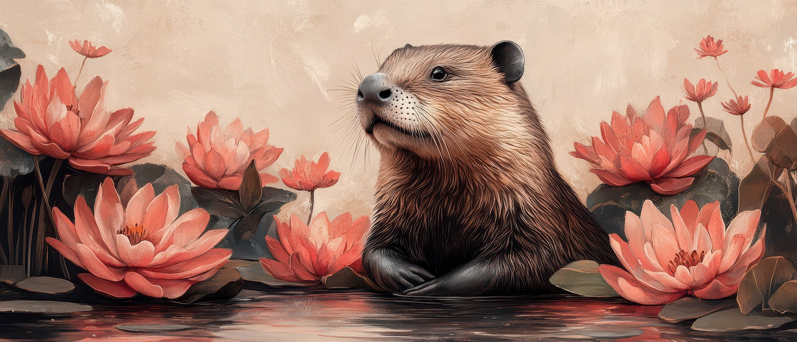 Papier Peint Animaux - Castor et Fleurs Roses