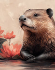Papier Peint Animaux - Castor et Fleurs Roses