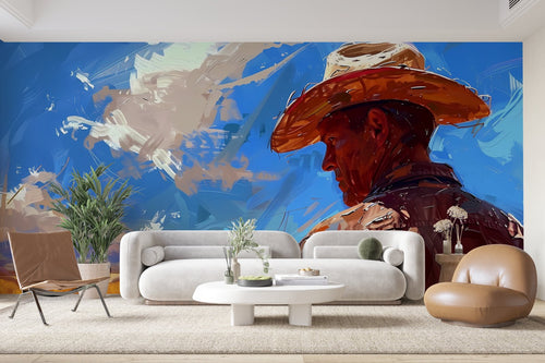 Papier Peint Désert - Cowboy et Ciel Bleu
