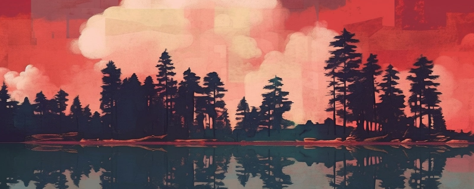 Papier Peint Forêt - Silhouette Rouge au Coucher de Soleil