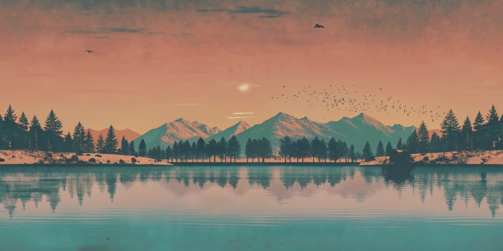 Papier Peint Paysage - Lac de Montagne au Coucher de Soleil