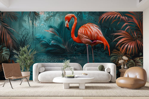Papier Peint Animaux - Flamant Rose Jungle Turquoise
