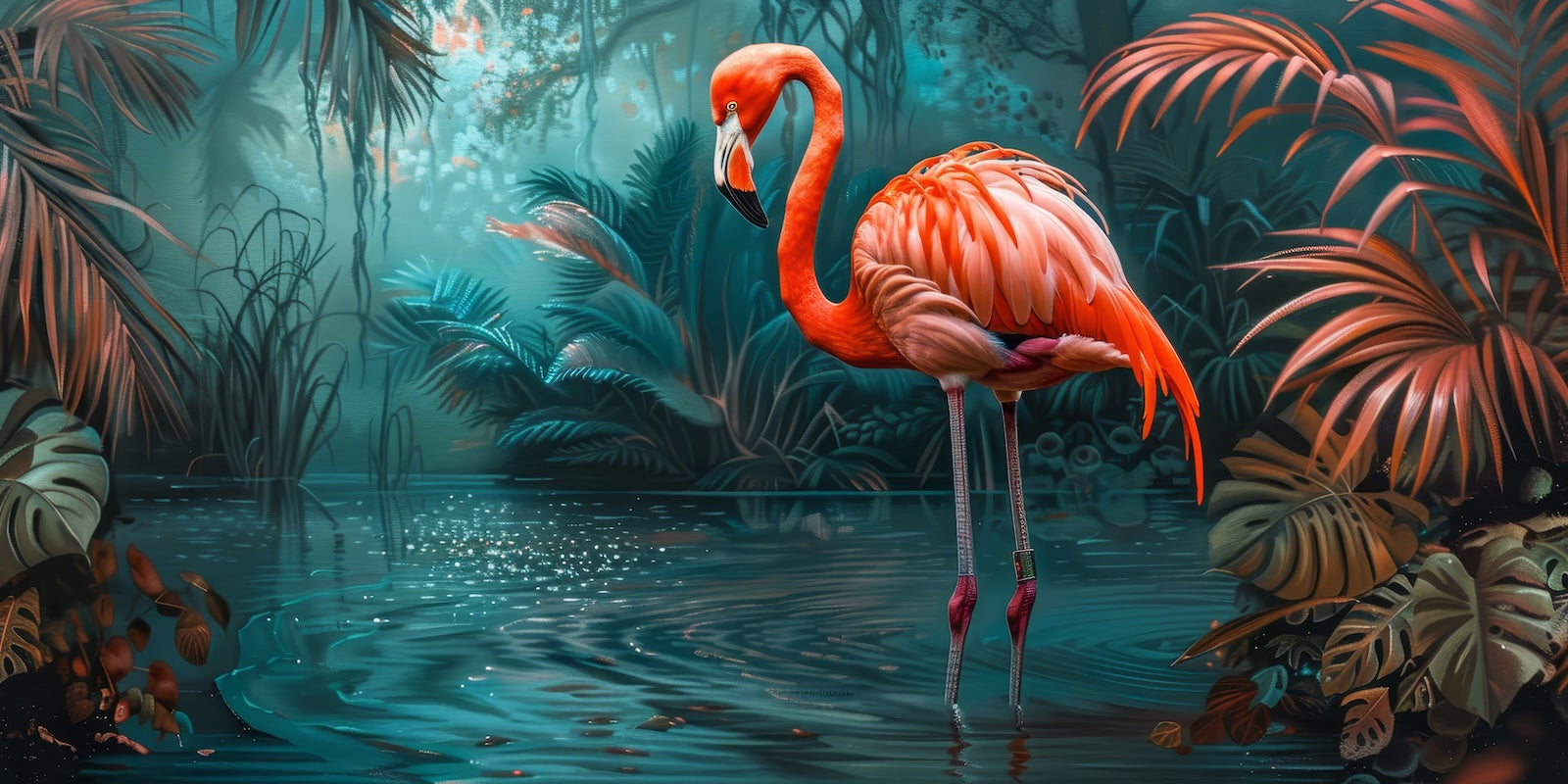 Papier Peint Animaux - Flamant Rose Jungle Turquoise