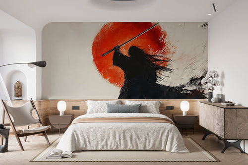 Papier Peint Samouraï - Silhouette et Soleil Rouge