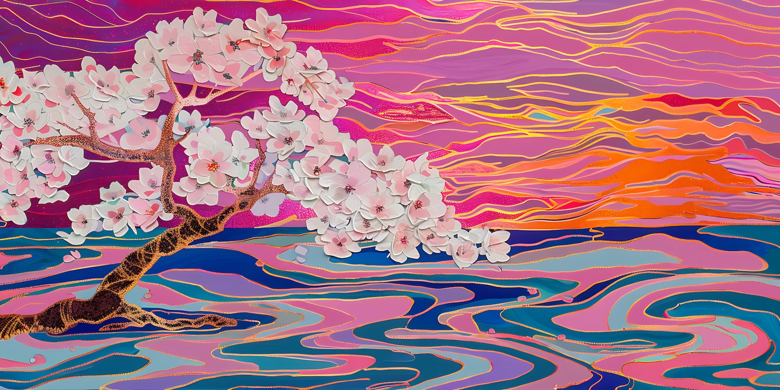 Papier Peint Floral - Cerisier Coucher de Soleil Vif