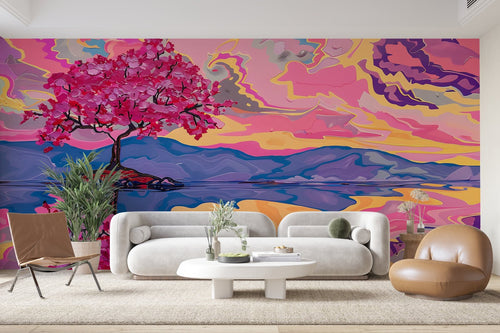 Papier Peint Floral - Cerisier Violet et Rose Vif