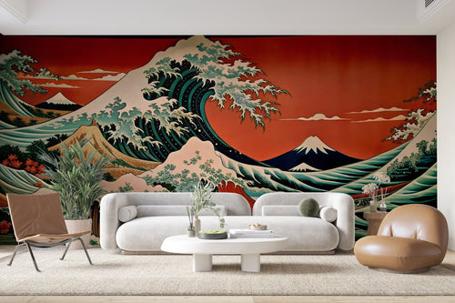 Papier Peint Japonais - Grande Vague Rouge et Verte