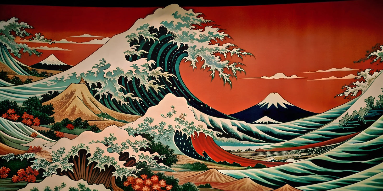 Papier Peint Japonais - Grande Vague Rouge et Verte