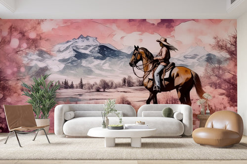 Papier Peint Animaux - Cavalier et Cerisiers Roses