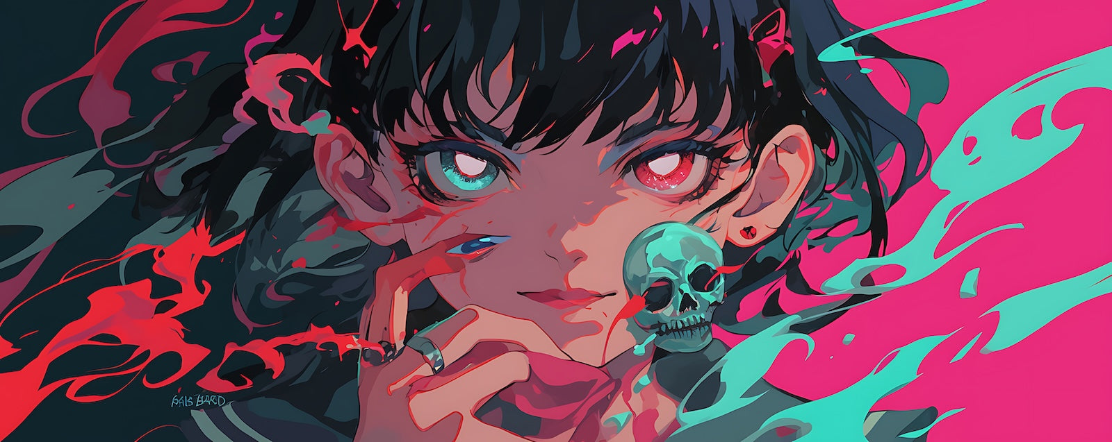 Papier Peint Anime - Portrait Sombre Rouge et Turquoise