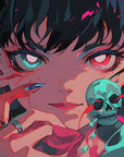 Papier Peint Anime - Portrait Sombre Rouge et Turquoise