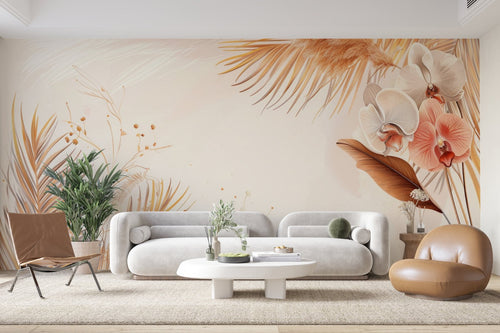 Papier Peint Floral - Plumes et Épis Beige