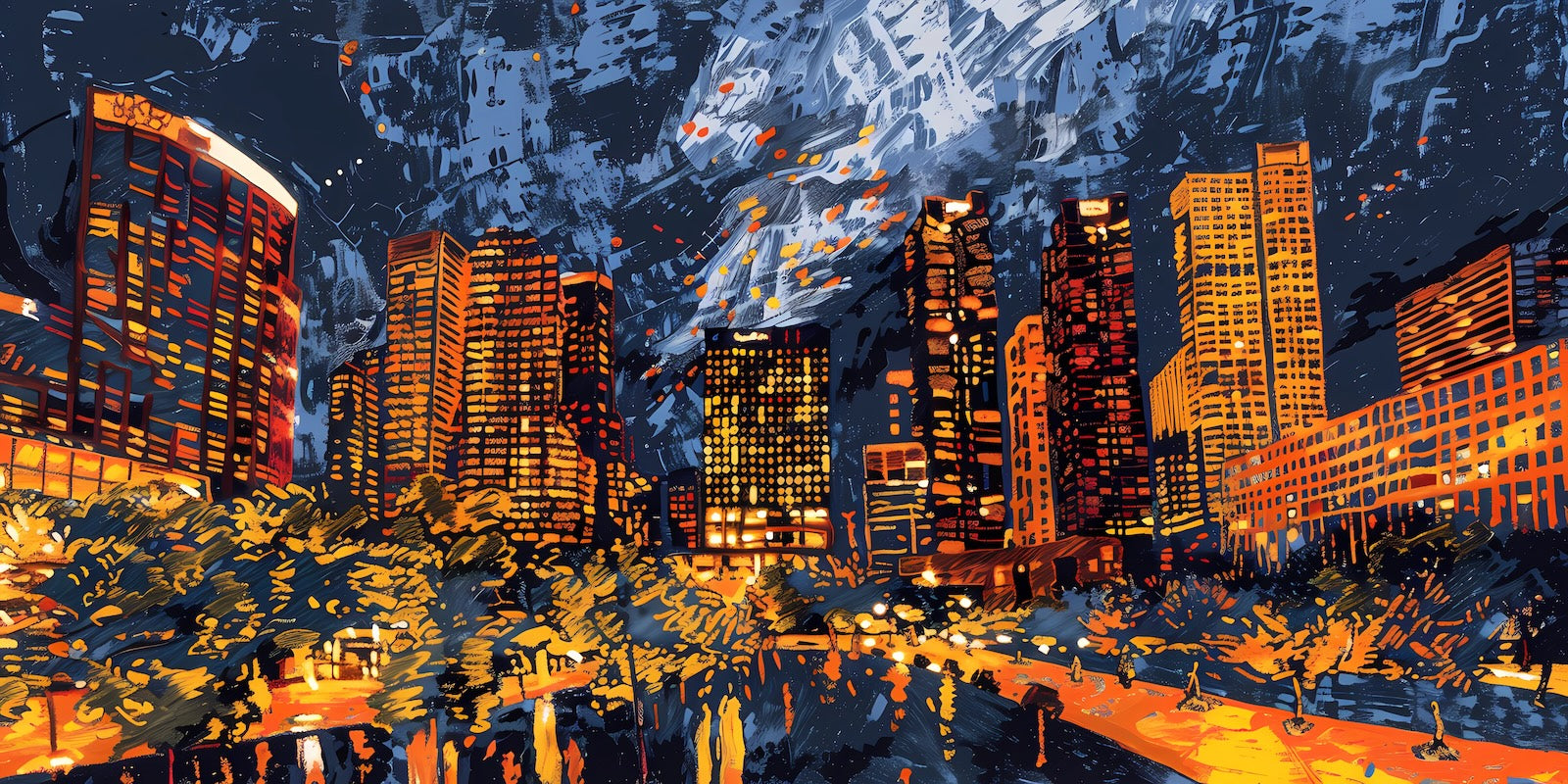 Papier Peint Illustration - Ville Nocturne Bleu et Orange