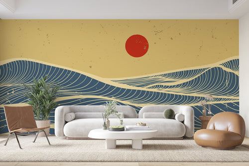 Papier Peint Japonais - Vagues Bleues et Soleil Rouge