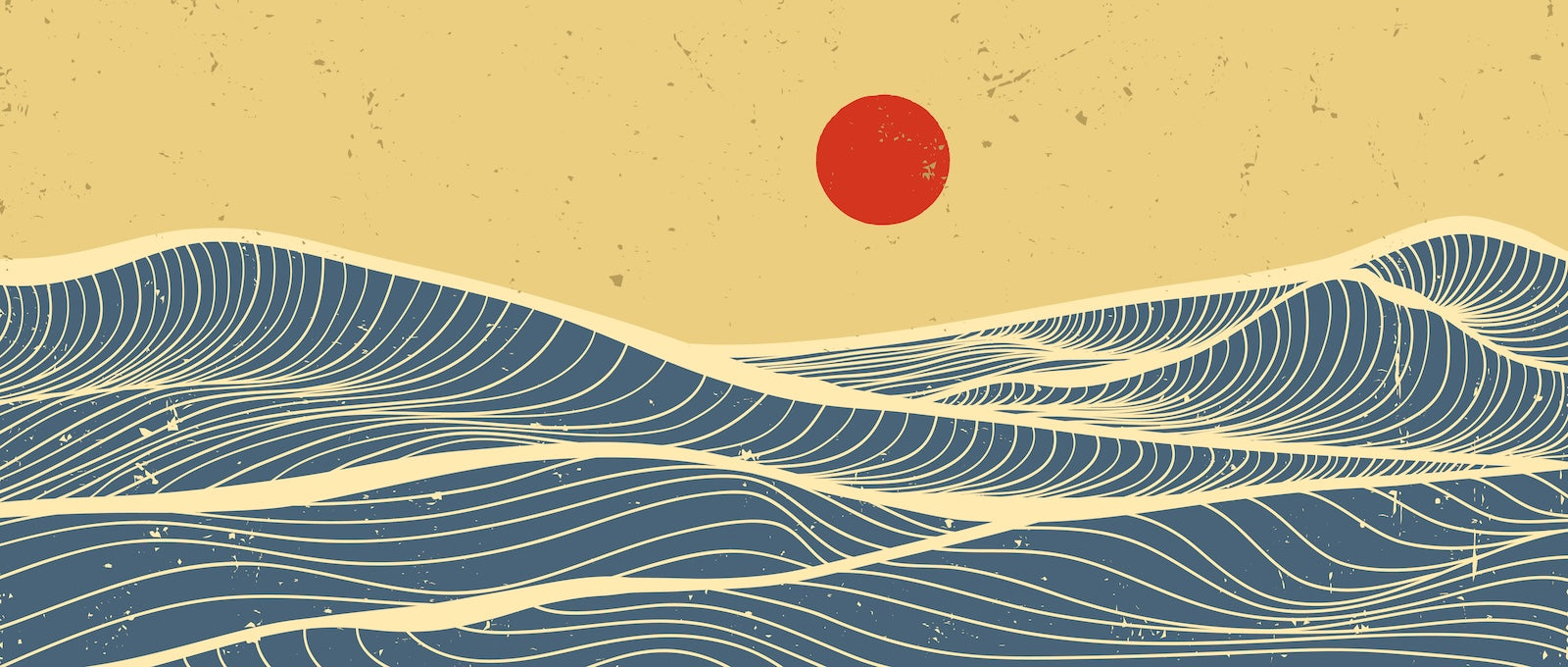 Papier Peint Japonais - Vagues Bleues et Soleil Rouge