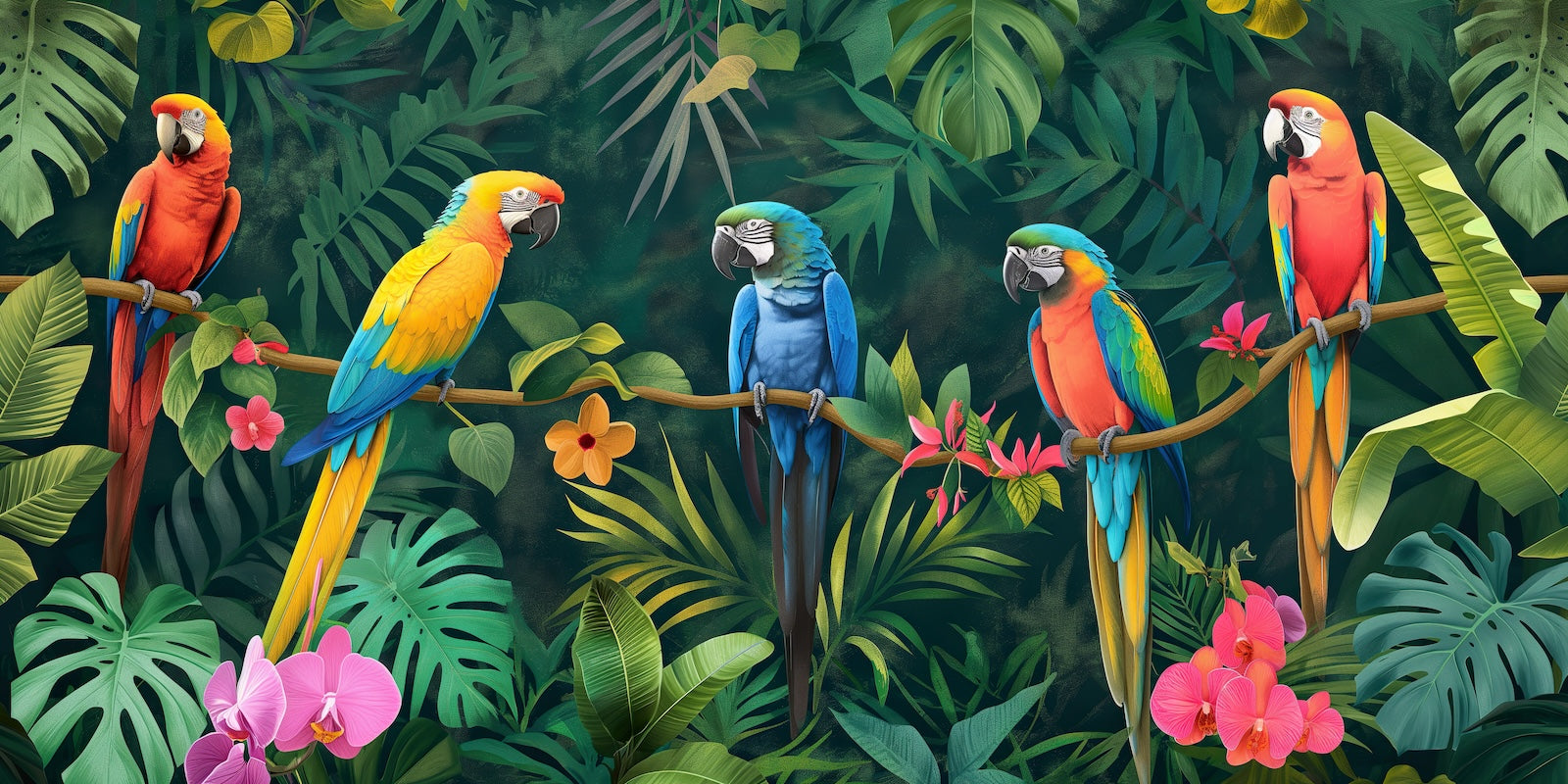 Papier Peint Oiseaux & Rapaces - Perroquets et Fleurs Tropicales