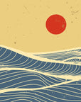 Papier Peint Japonais - Vagues Bleues et Soleil Rouge