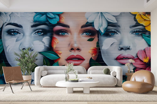 Papier Peint Pop Art - Visages Floraux Colorés