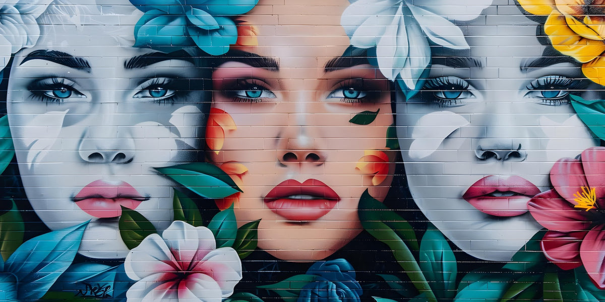 Pop art-tapet – Ansigter omgivet af farverige blomster