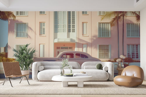 Papier Peint Miami - Voiture Vintage et Architecture Rose