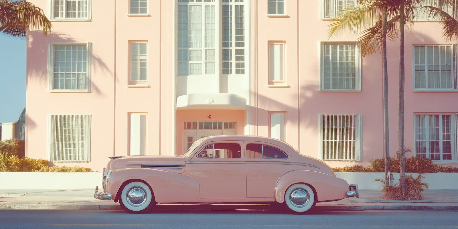 Papier Peint Miami - Voiture Vintage et Architecture Rose