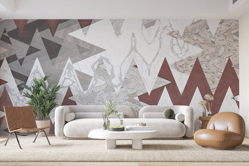 Papier Peint Géométrique - Triangles Rouge et Gris