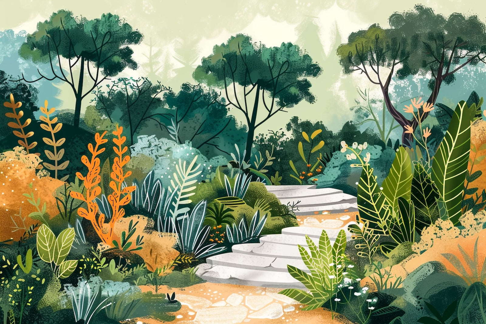 Papier Peint Forêt - Sentier Coloré Illustré