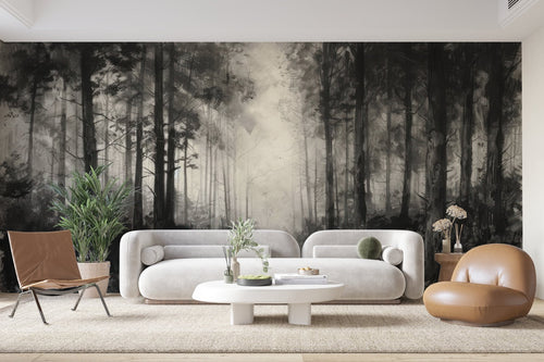 Papier Peint Forêt Noir et Blanc - Brume Matinale