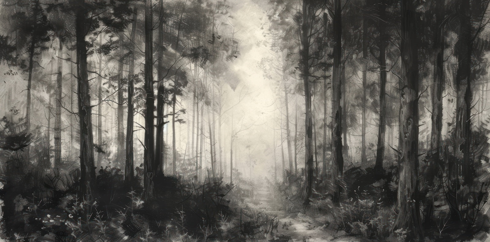 Papier Peint Forêt Noir et Blanc - Brume Matinale