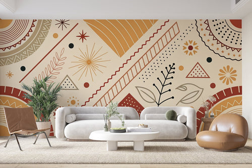 Papier Peint Bohème - Motif Aztèque Orange et Rouge
