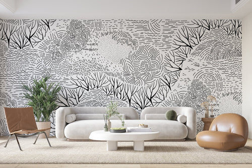 Papier Peint Noir et Blanc - Motif Montagnes Abstrait