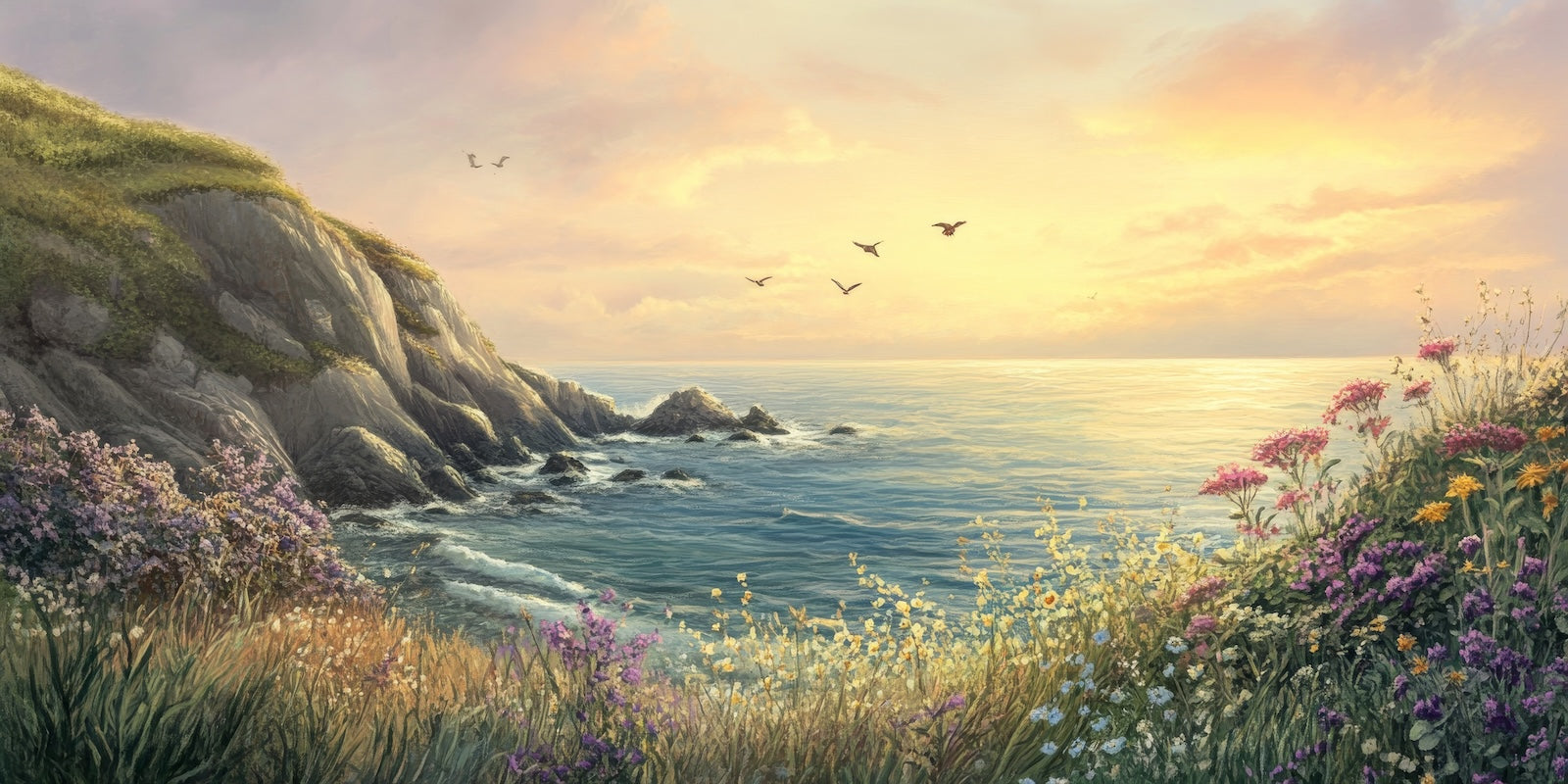 Papier Peint Paysage - Côte au Coucher de Soleil Doré