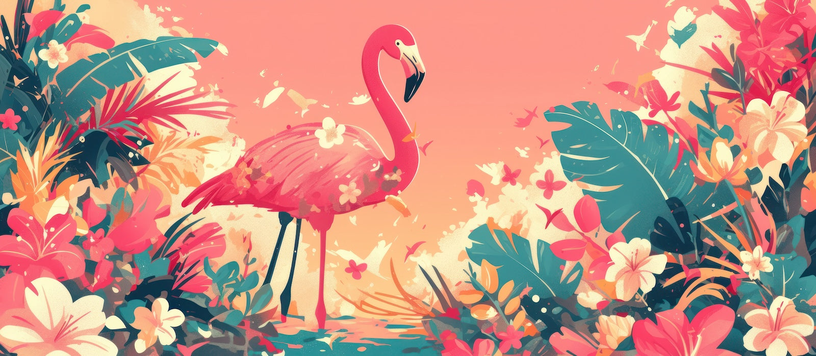 Papier Peint Tropical - Flamant et Hibiscus Colorés