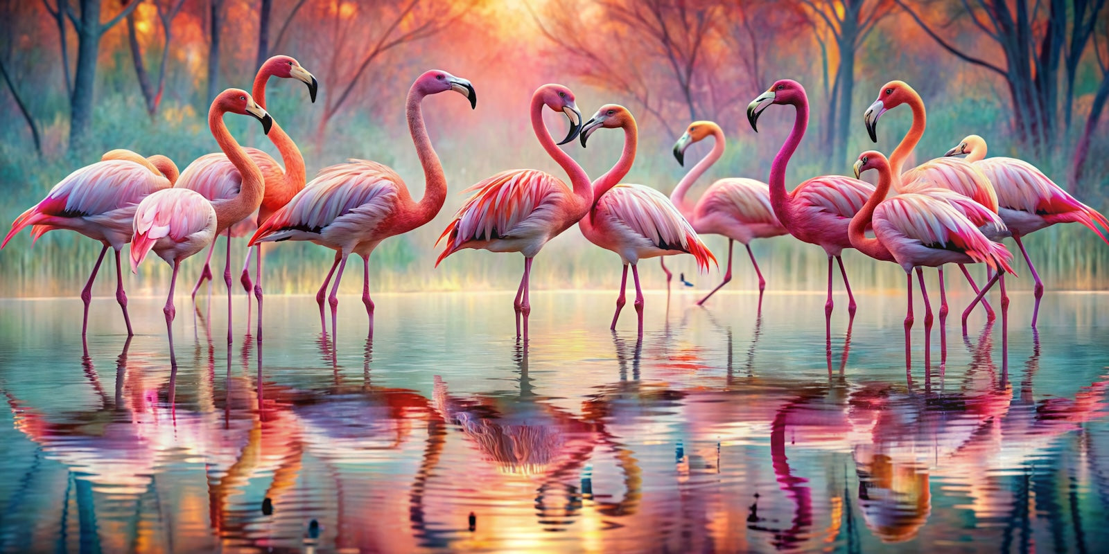 Papier Peint Animaux - Flamants Roses Alignés Pastel