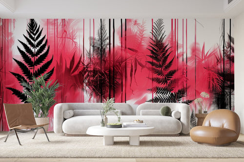 Papier Peint Tropical - Palmiers Miroir Rose et Rouge