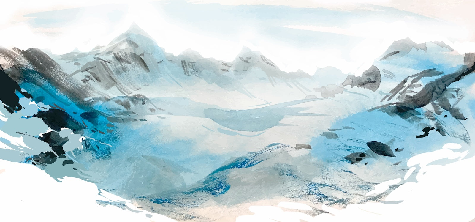 Papier Peint Aquarelle - Montagnes Enneigées Bleu Glacier