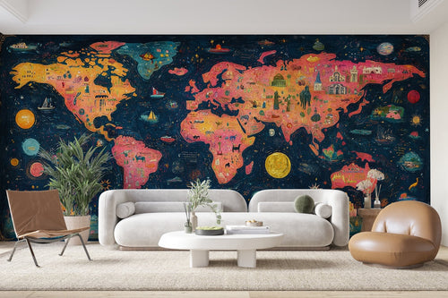 Papier Peint Carte du Monde - Pastels sur Fond Sombre