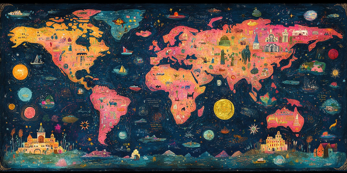 World Map Wallpaper - Pastels on Dark Background