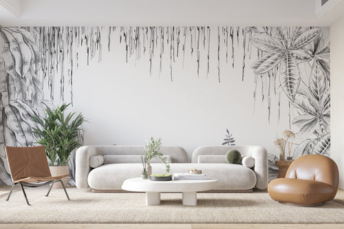 Papier Peint Forêt Noir et Blanc - Arbres Givrés Esquissés