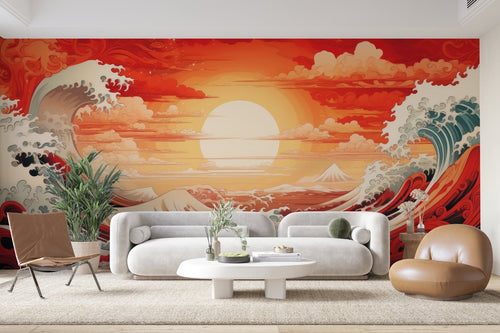 Papier Peint Japonais - Vagues au Coucher de Soleil