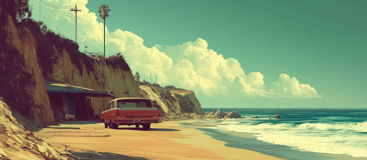 Papel tapiz retro - Coche antiguo aparcado en una playa