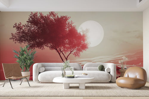 Papier Peint Abstrait - Arbre Solitaire Lune Rose