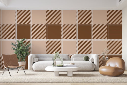 Papier Peint Géométrique - Damier Rayé Chocolat