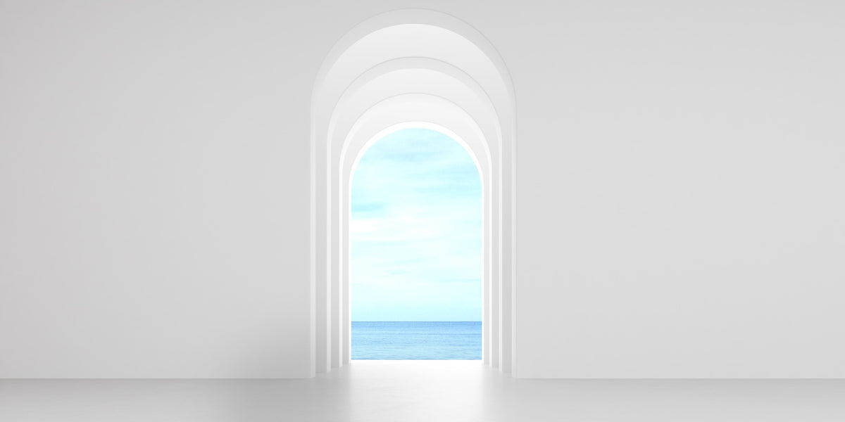 Illustrierte Tapete – Weiße Bögen mit Blick auf das Meer